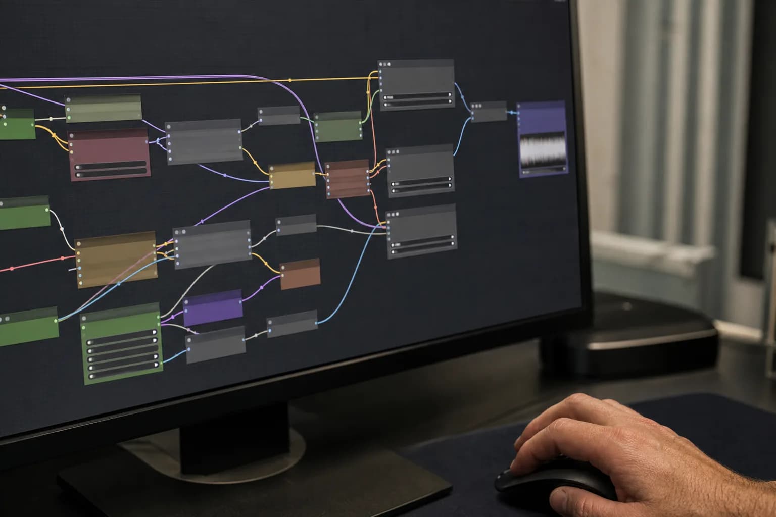מסך מחשב מקרוב עם גרף nodes צבעוני של וורקפלואו מוזיקה ב-ComfyUI, יד על העכבר