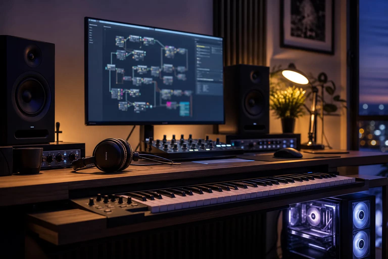 אולפן ביתי עם מסך שמציג וורקפלואו של ComfyUI, מקלדת MIDI ואוזניות על השולחן