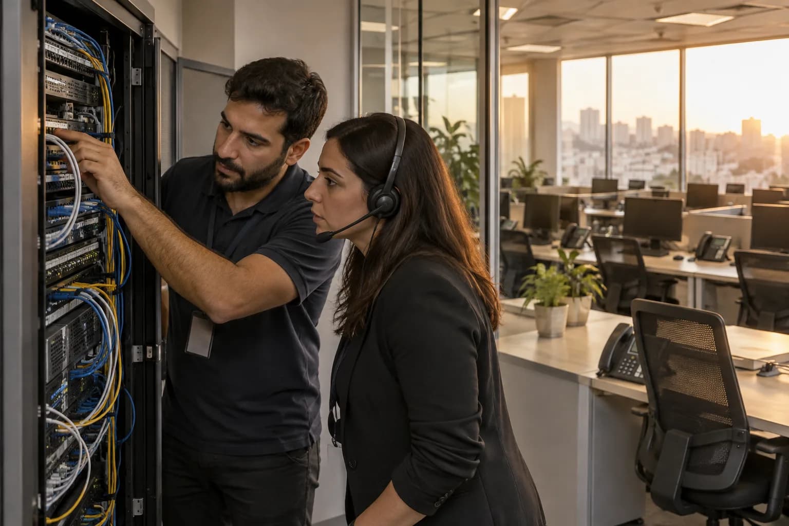 מנהלת מוקד עם אוזנייה ומהנדס תשתיות בוחנים ארון שרתים סמוך לעמדות שירות טלפוני