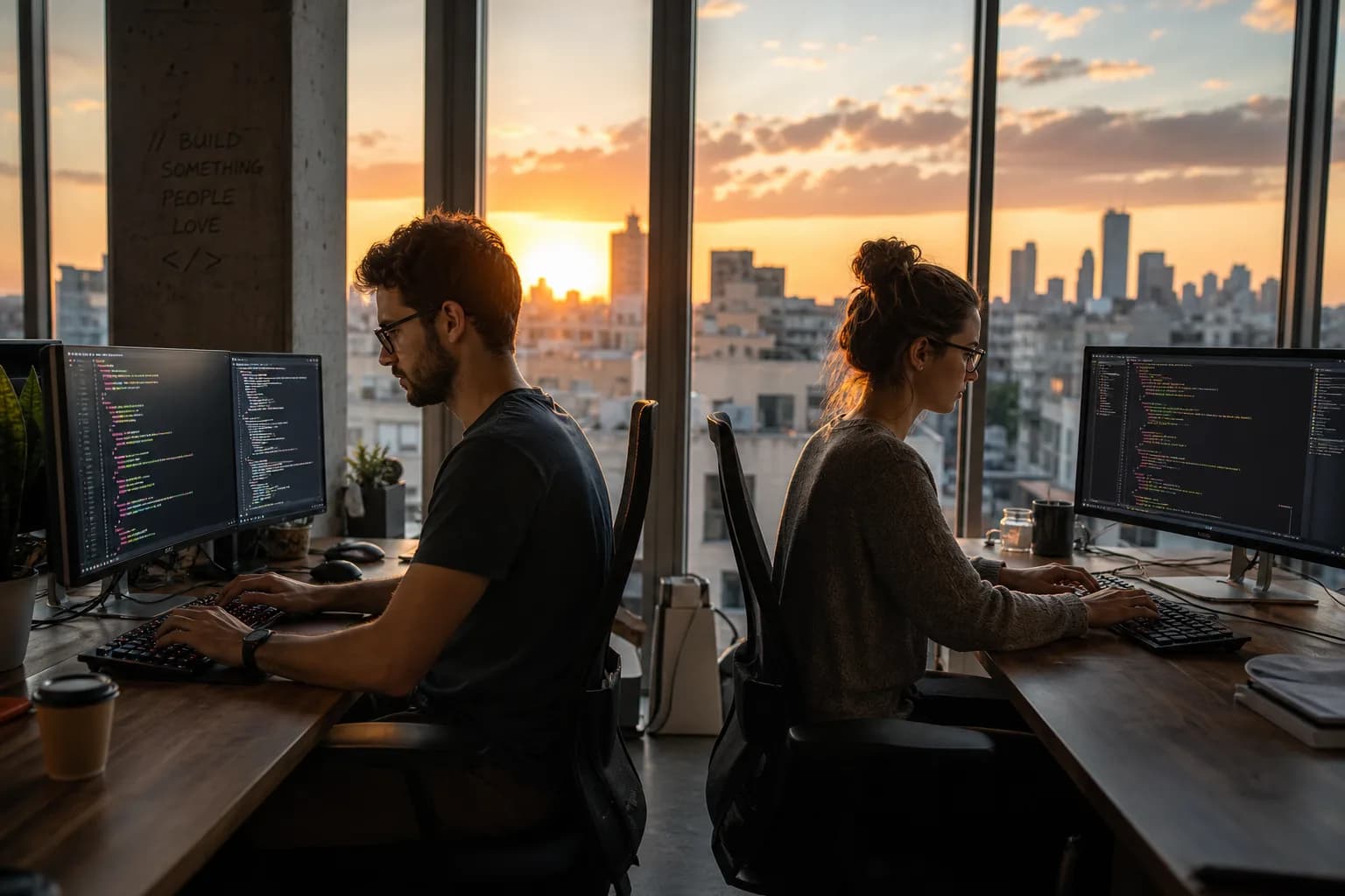 שני מפתחים עובדים על מסכי קוד במשרד טכנולוגי בשעת שקיעה
