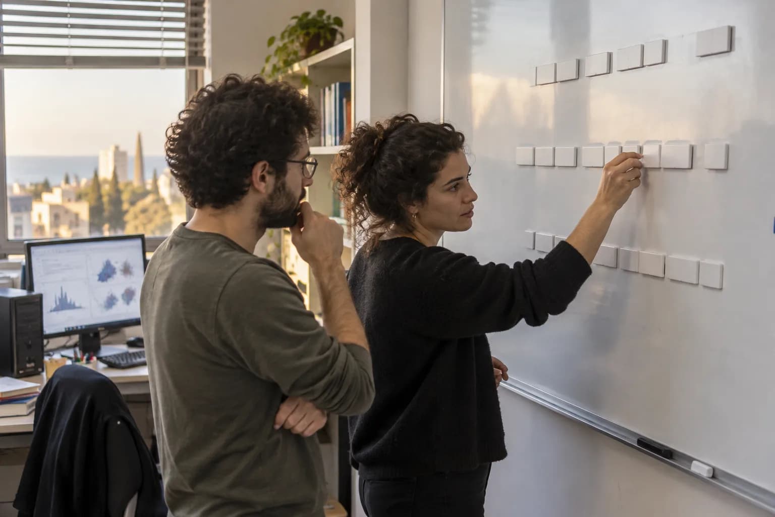 חוקרים במעבדת מחשבים מסדרים אריחים בשורות על לוח כדי להמחיש בחירה מחדש של רכיבים בטקסט