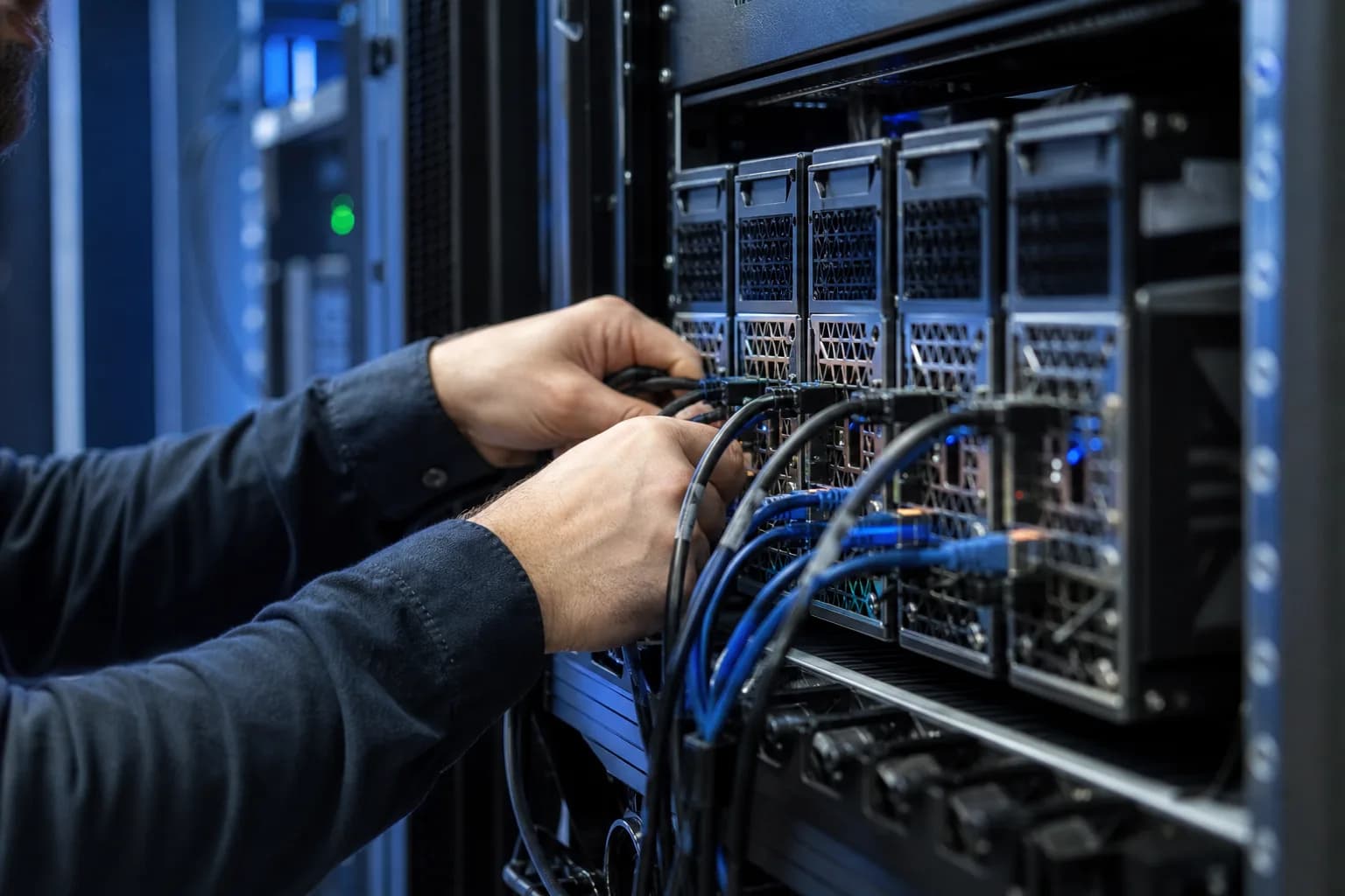 כרטיסי מאיצי GPU מסודרים במדפי שרתים בחדר מחשבים מואר בתאורה כחלחלה, טכנאי מחבר כבלי רשת