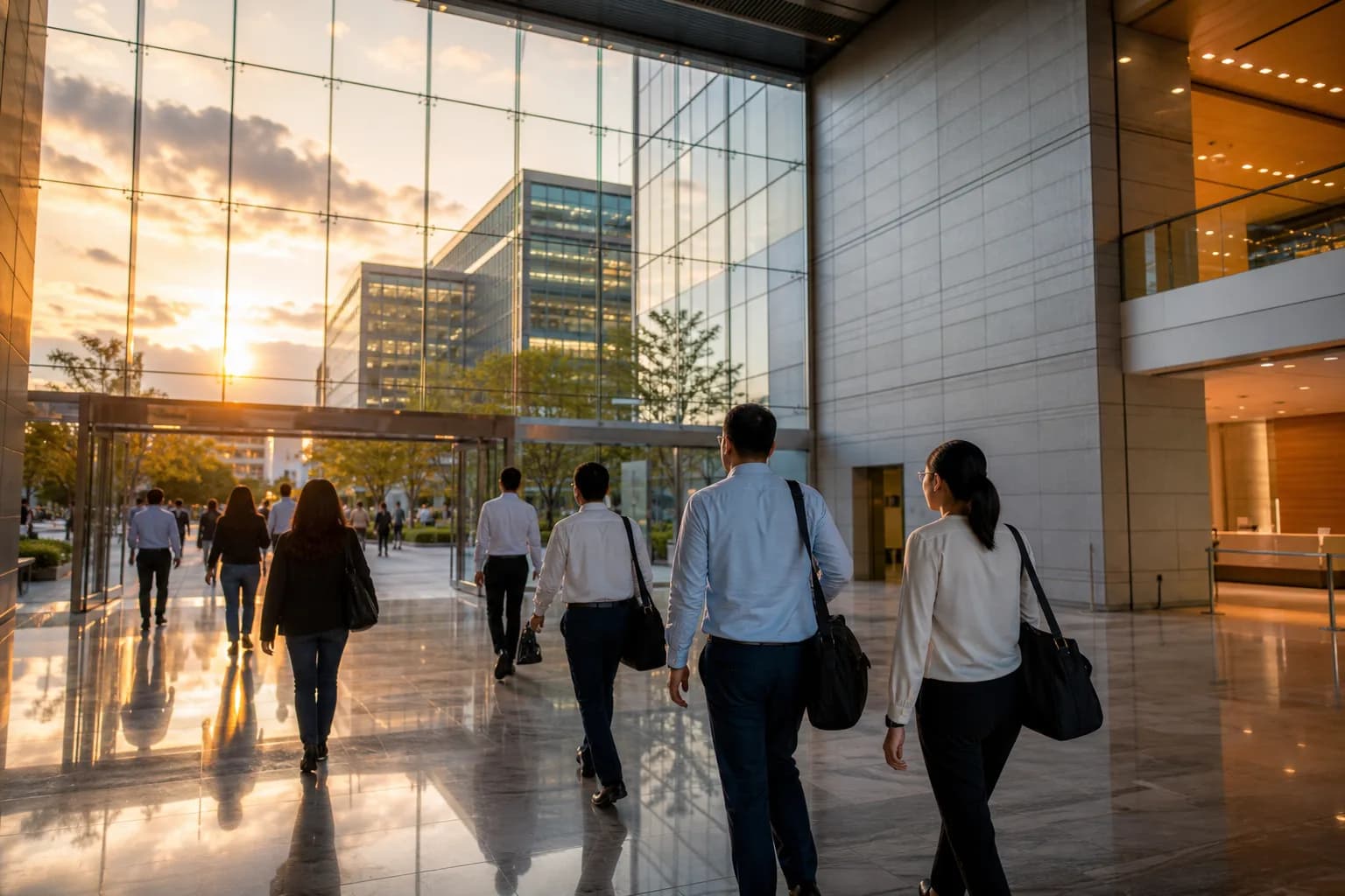 עובדים נכנסים למטה חברת טכנולוגיה מודרני בשעת שקיעה