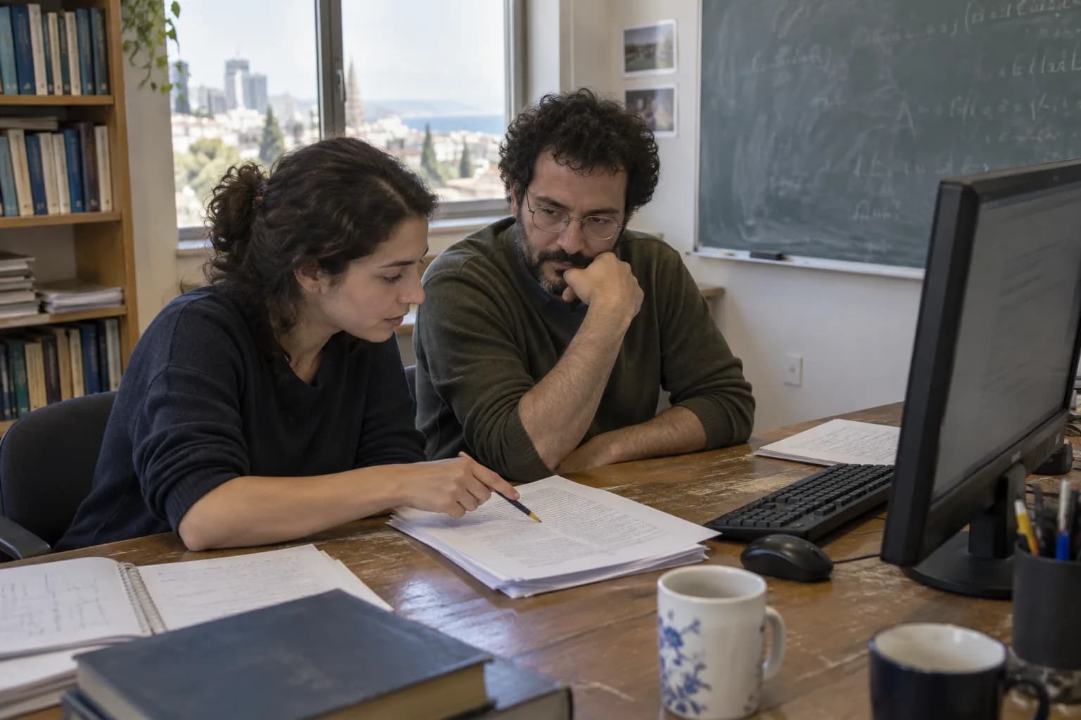 חוקרים בחדר סמינרים למתמטיקה משווים כתב יד מודפס לבדיקה במחשב