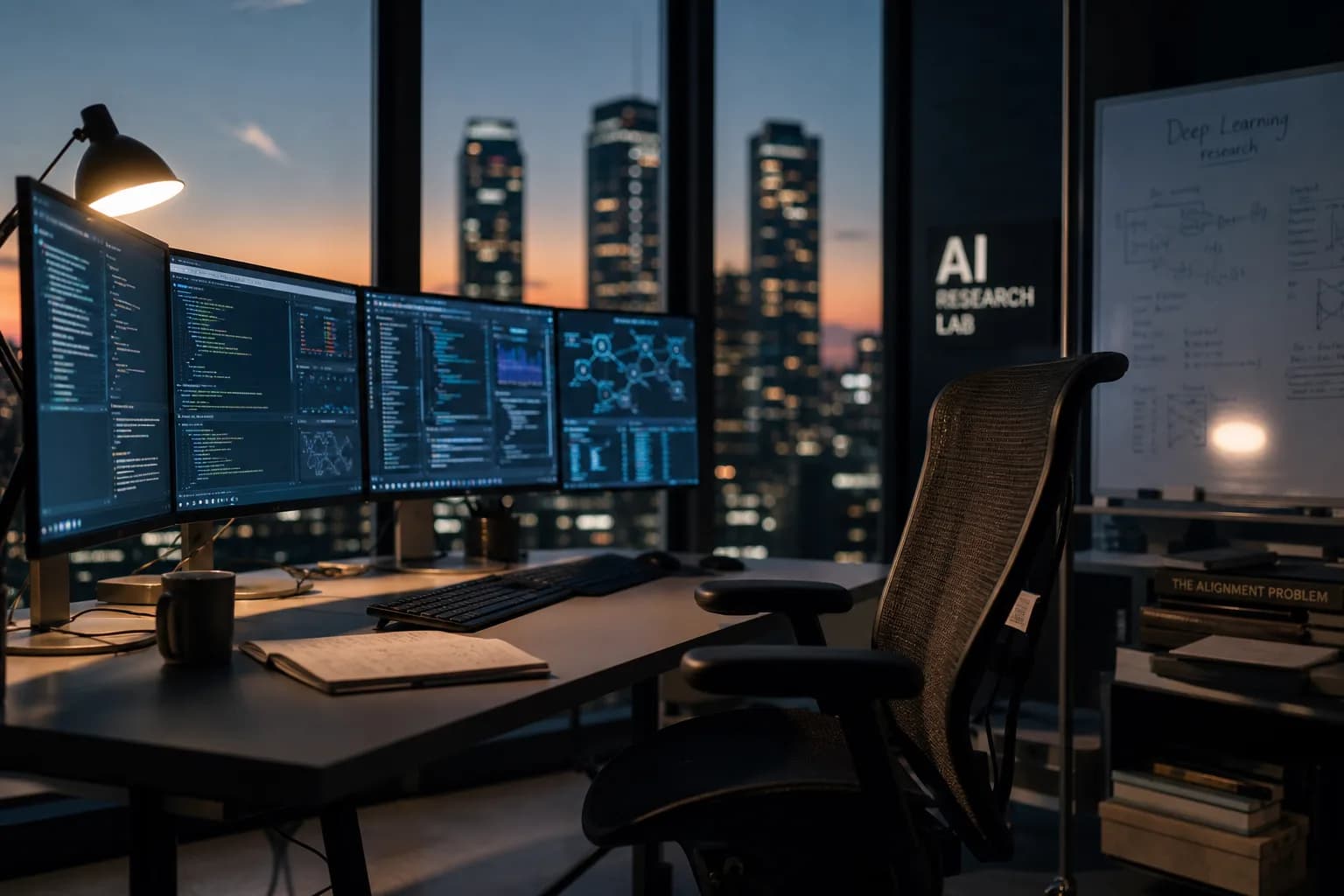 עמדת עבודה של חוקר במעבדת AI עם מסכים מלאי דשבורדים וכיסא ריק, בשעת בין ערביים
