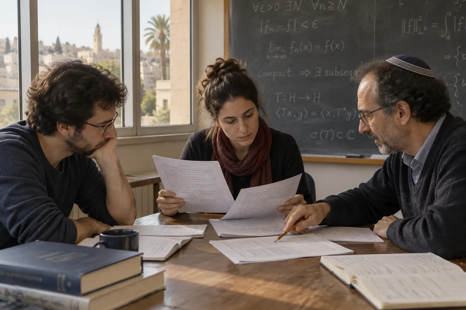 חוקרי מדעי המחשב בוחנים דפי הוכחה סביב שולחן בחדר סמינרים באוניברסיטה