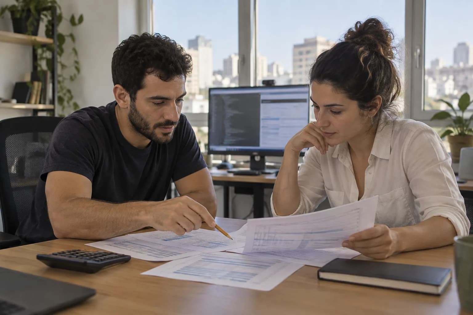 צוות פיתוח במשרד בתל אביב משווה דוחות שימוש ועלויות סביב שולחן ישיבות