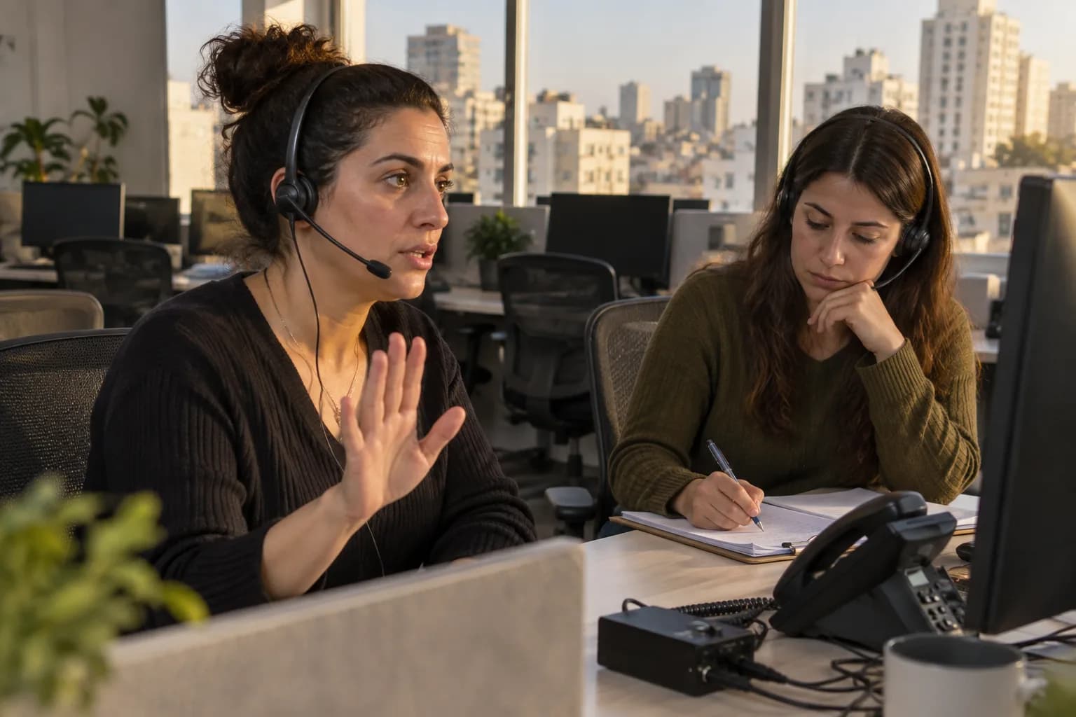 בודקת איכות במוקד שירות בתל אביב מדברת באוזנייה, ועמית לצדה מתעד את התנהלות השיחה