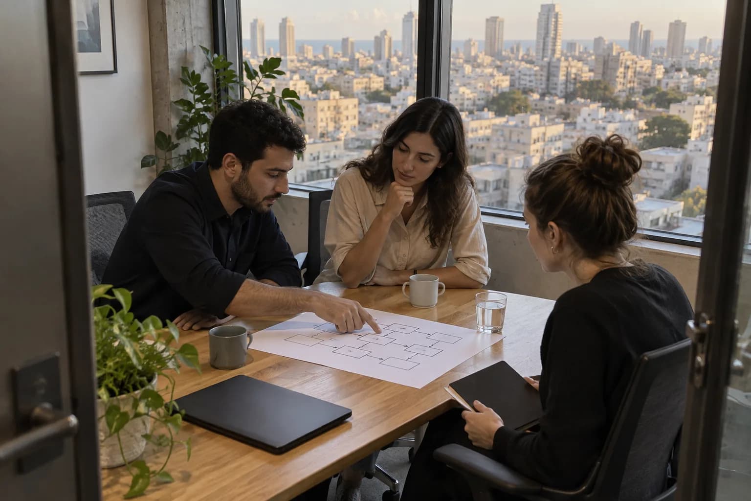 סצנת המחשה של פגישת צוות עסקי וטכנולוגי במשרד בתל אביב סביב תרשים מערכת