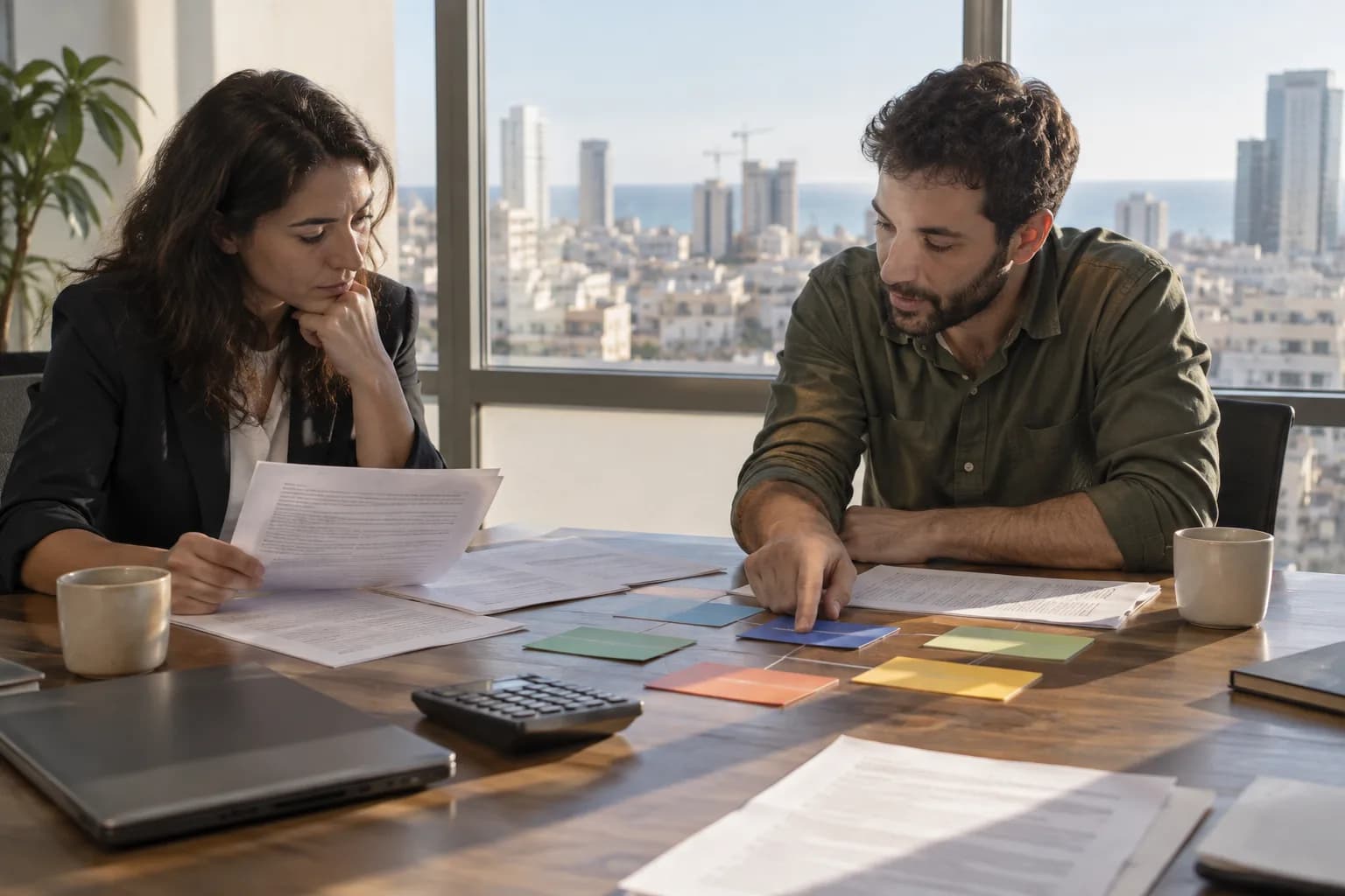 מנהלת כספים ומהנדס תשתיות בחברת תוכנה בתל אביב בוחנים מסמכי רכש ושירותי ענן בחדר ישיבות.