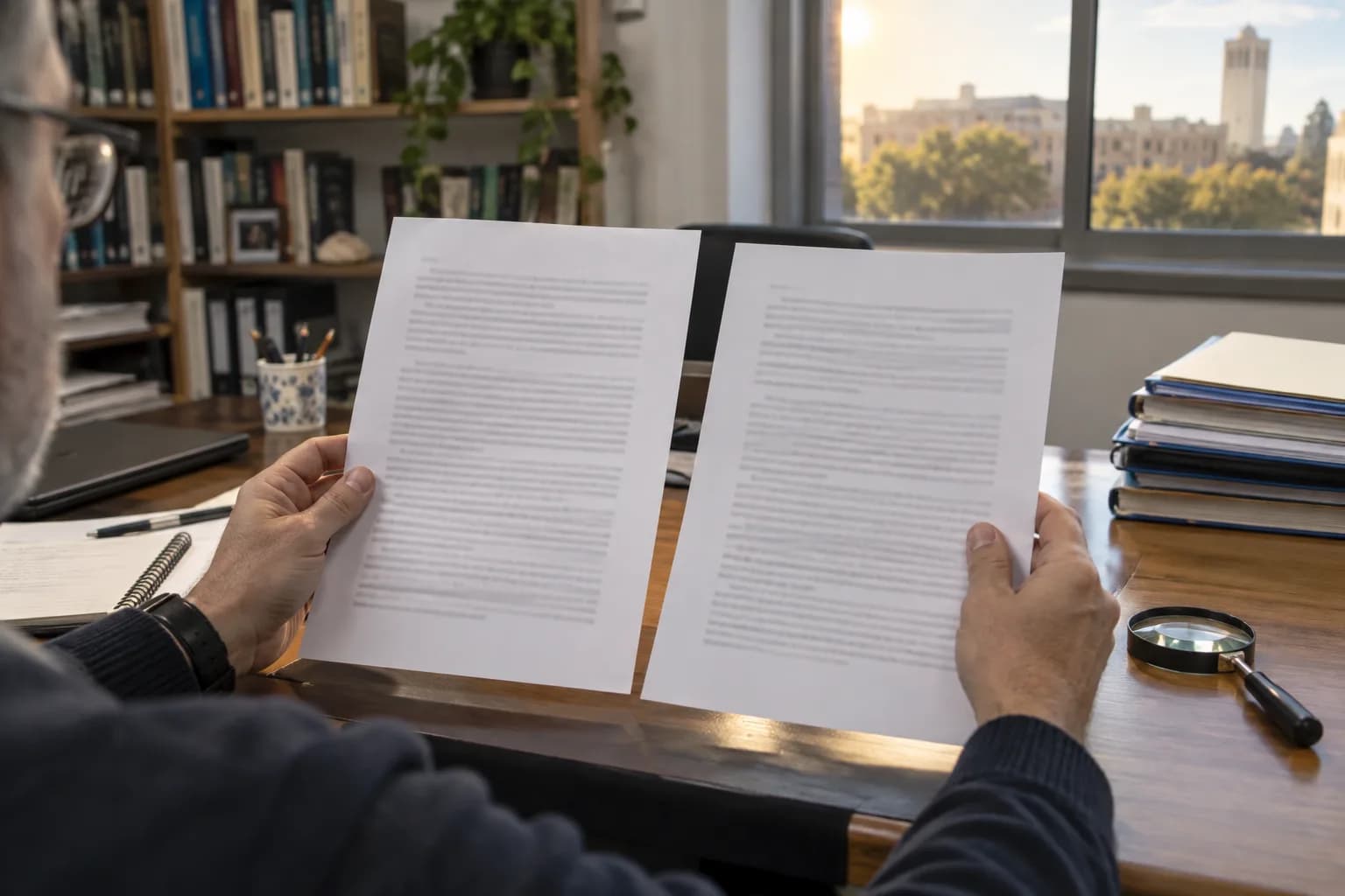 ידי מרצה מחזיקות שני חיבורים מודפסים שנראים דומים, ליד תיקיות סטודנטים במשרד אקדמי