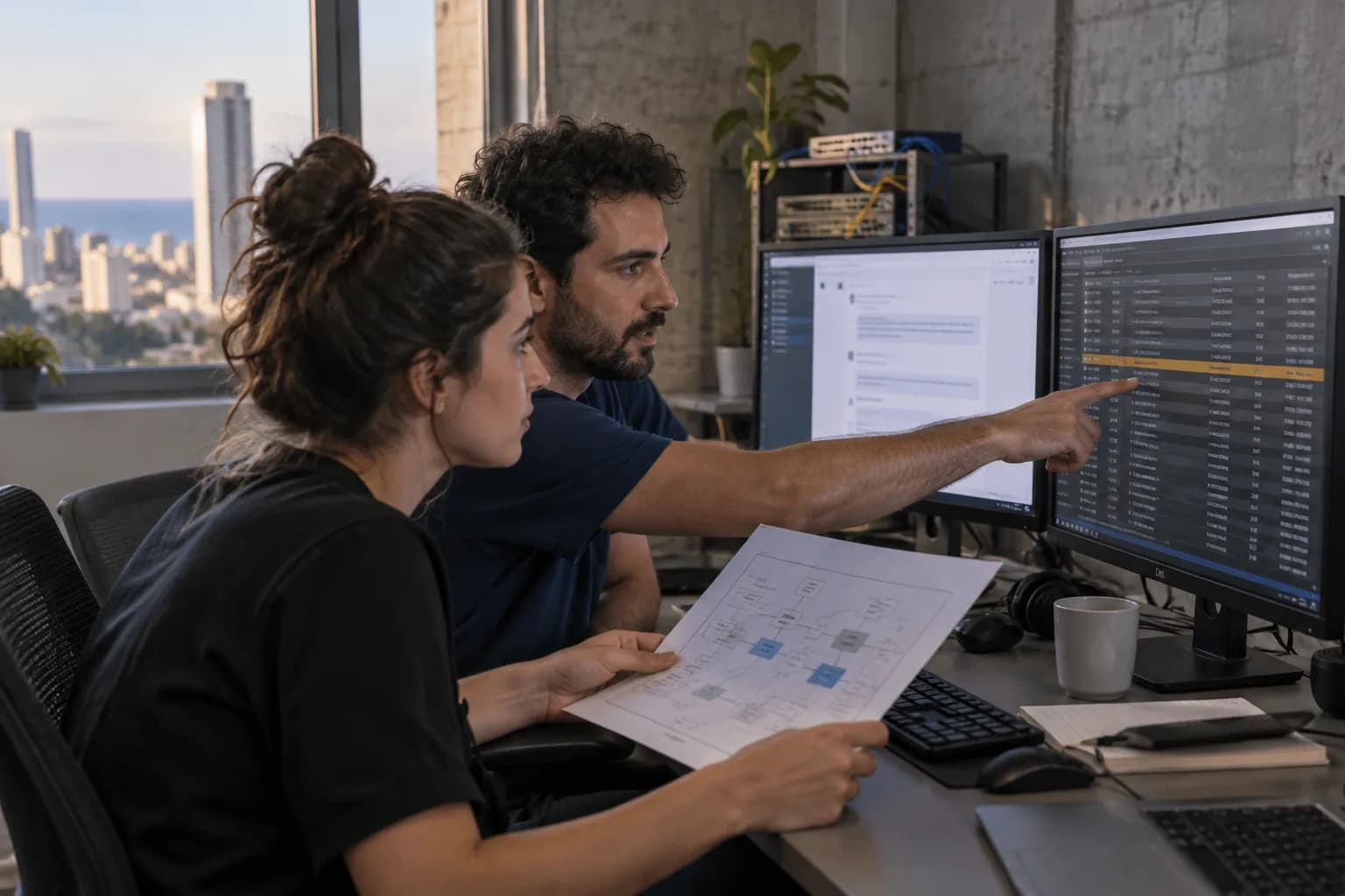 אנשי אבטחה במשרד תוכנה בתל אביב משווים בין ממשק שיחה ליומן פעולות של מערכת