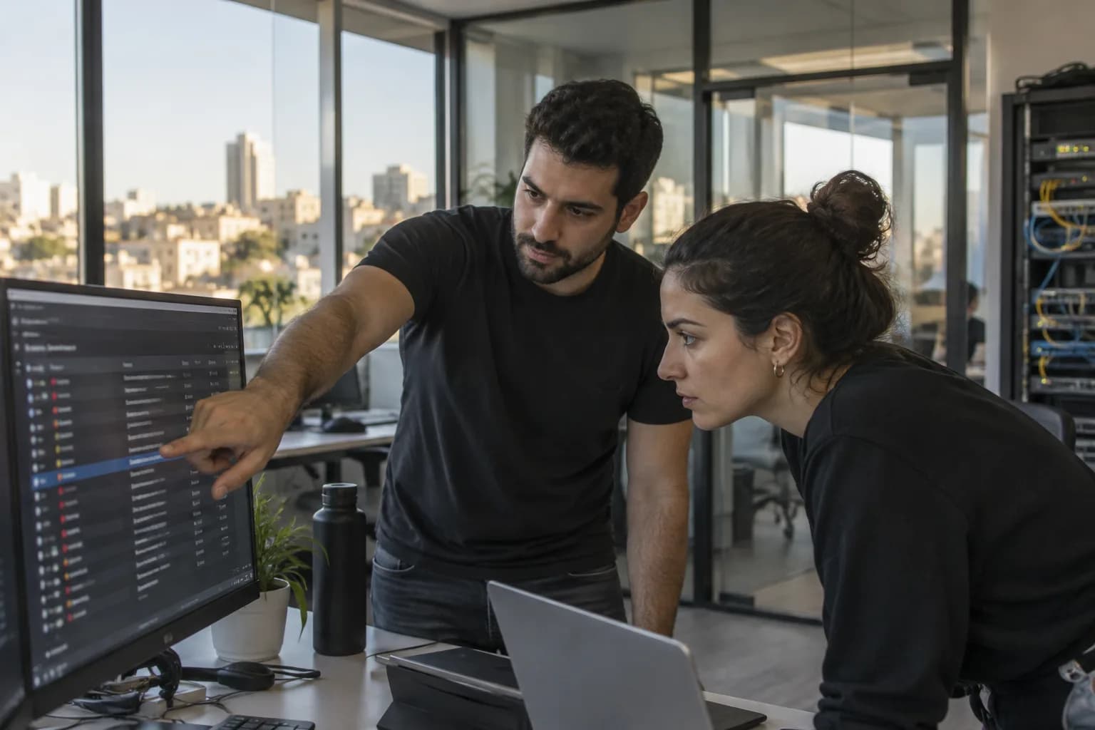 אנשי אבטחת מידע בוחנים אירוע אבטחה על מסך במשרד טכנולוגיה בתל אביב, תמונת המחשה