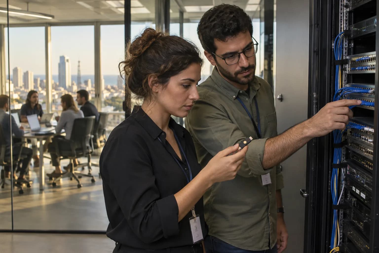 אנשי אבטחת מידע בוחנים ציוד גישה ותקשורת לצד ארון שרתים במשרד בישראל