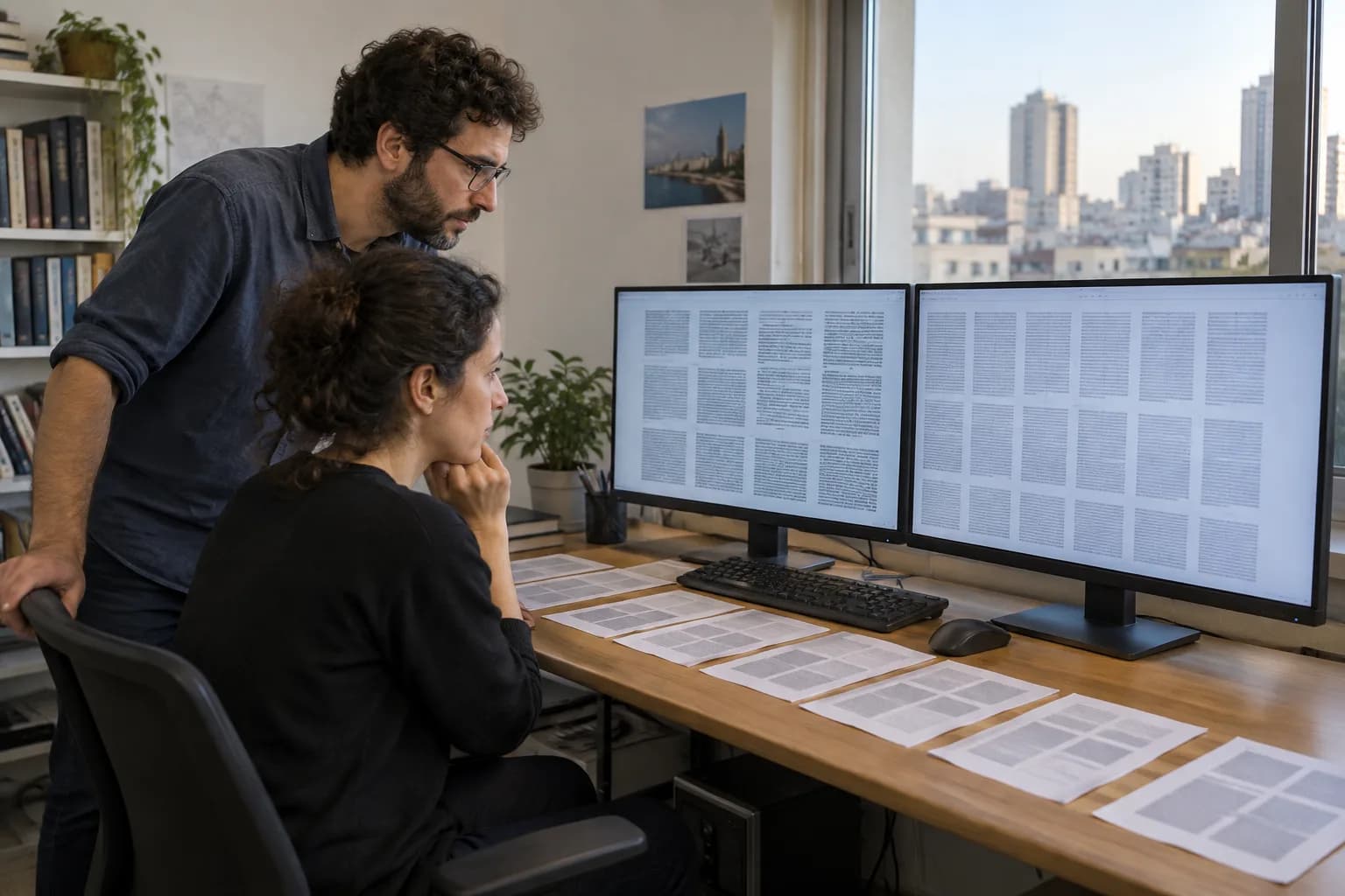 חוקרים במעבדת למידת מכונה משווים קבוצות של דוגמאות טקסט על מסכים ועל שולחן עבודה