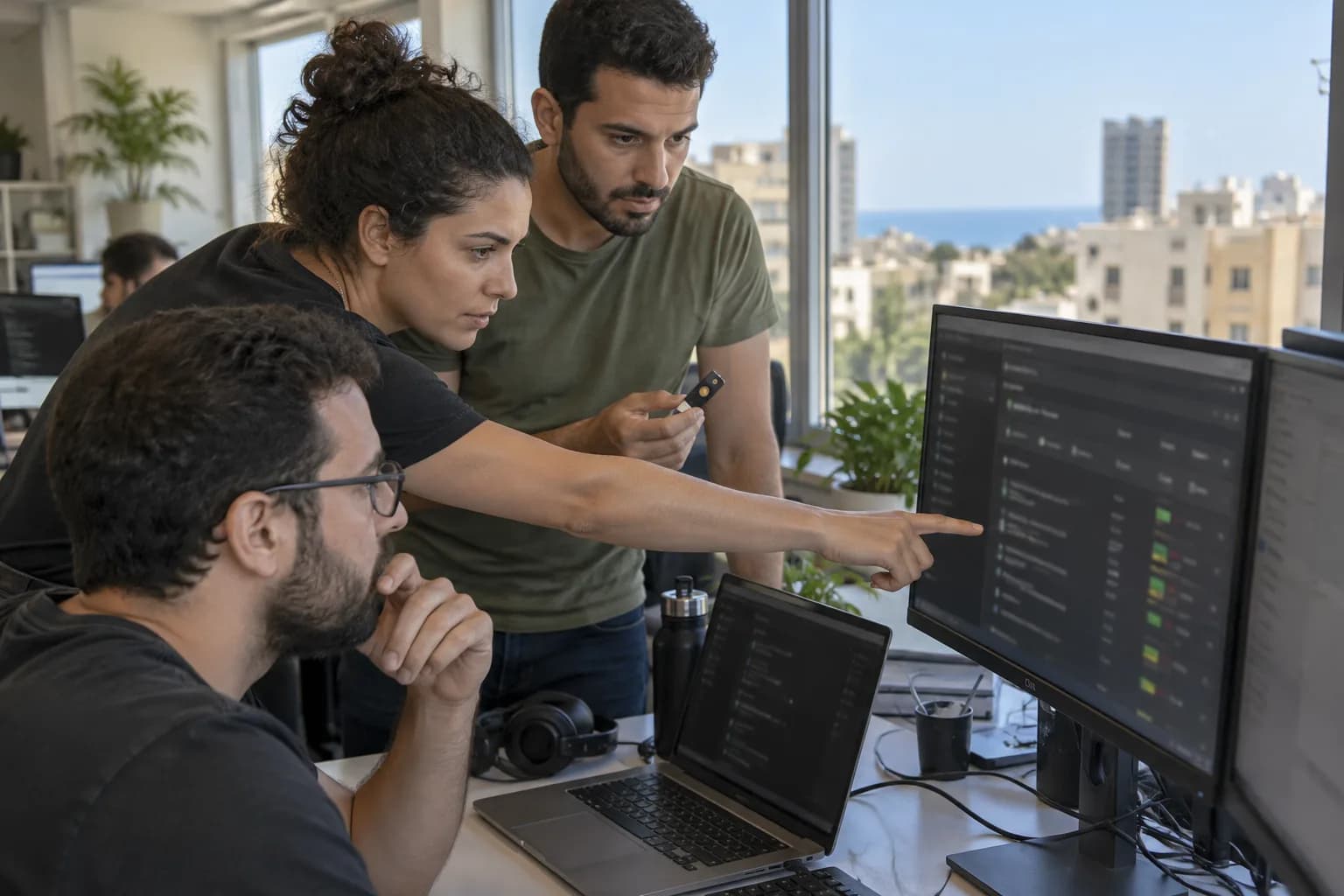 צוות אבטחה במשרד בתל אביב בוחן רצף אירועים במסך ניטור, לצד מפתח אבטחה פיזי
