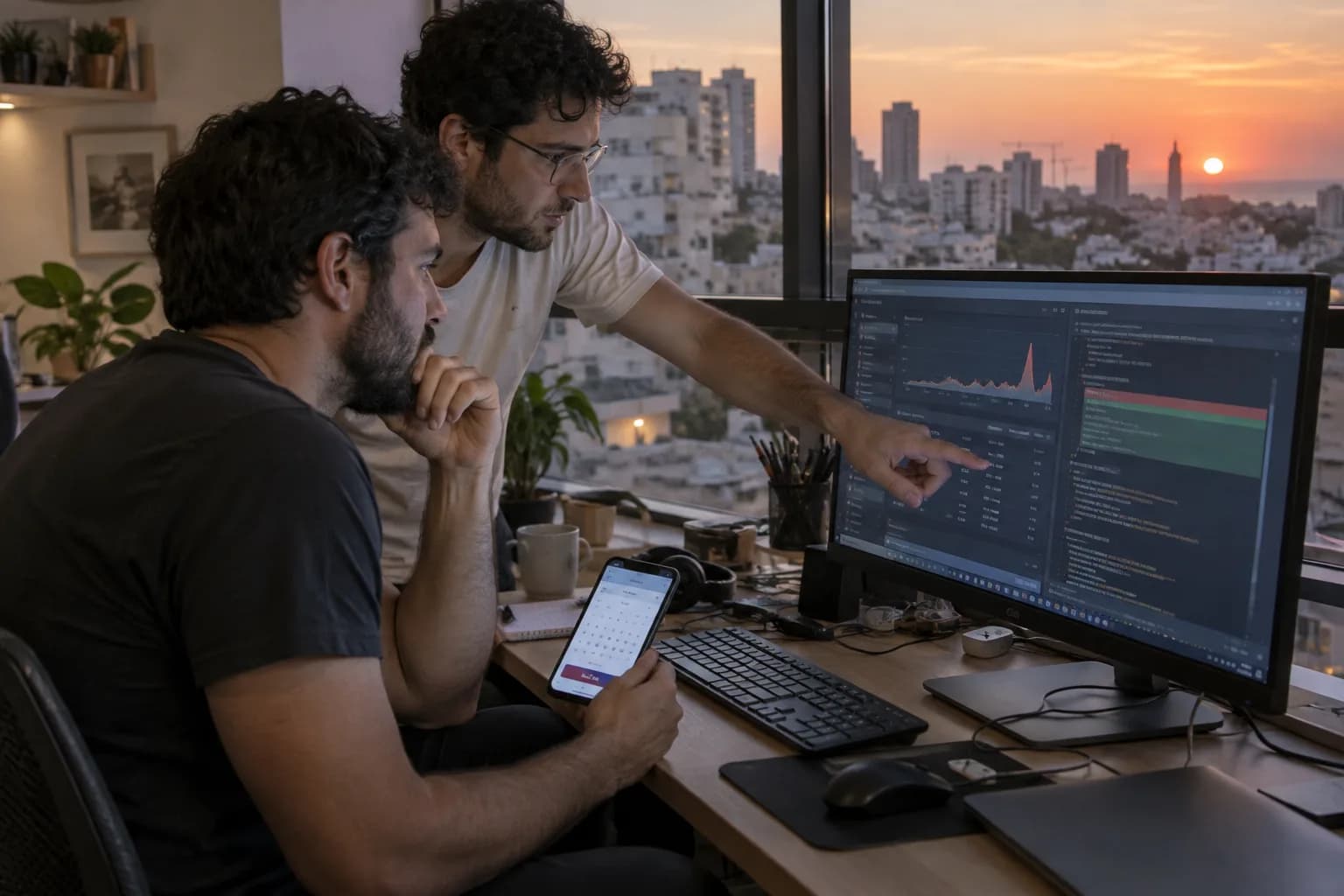 שני מפתחי אפליקציה במשרד קטן בוחנים גרף תקלות ושינוי בקוד לצד טלפון עם מסך הזמנת תורים