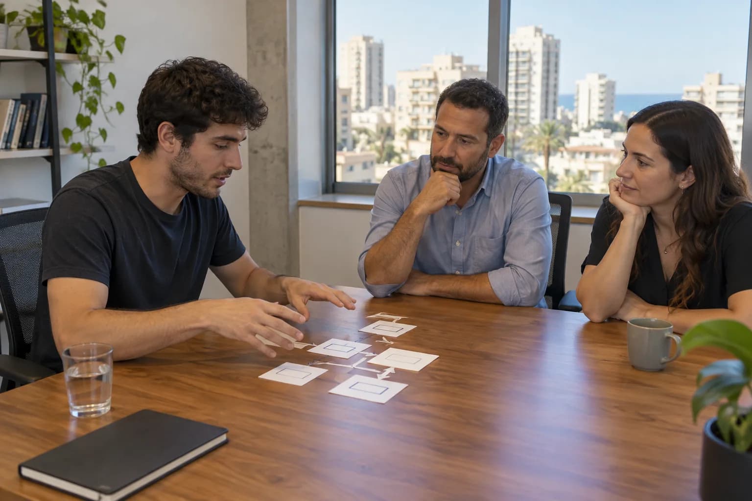 מועמד בתחילת דרכו מסביר מבנה של פרויקט תוכנה בראיון עבודה במשרד בישראל, צילום המחשה