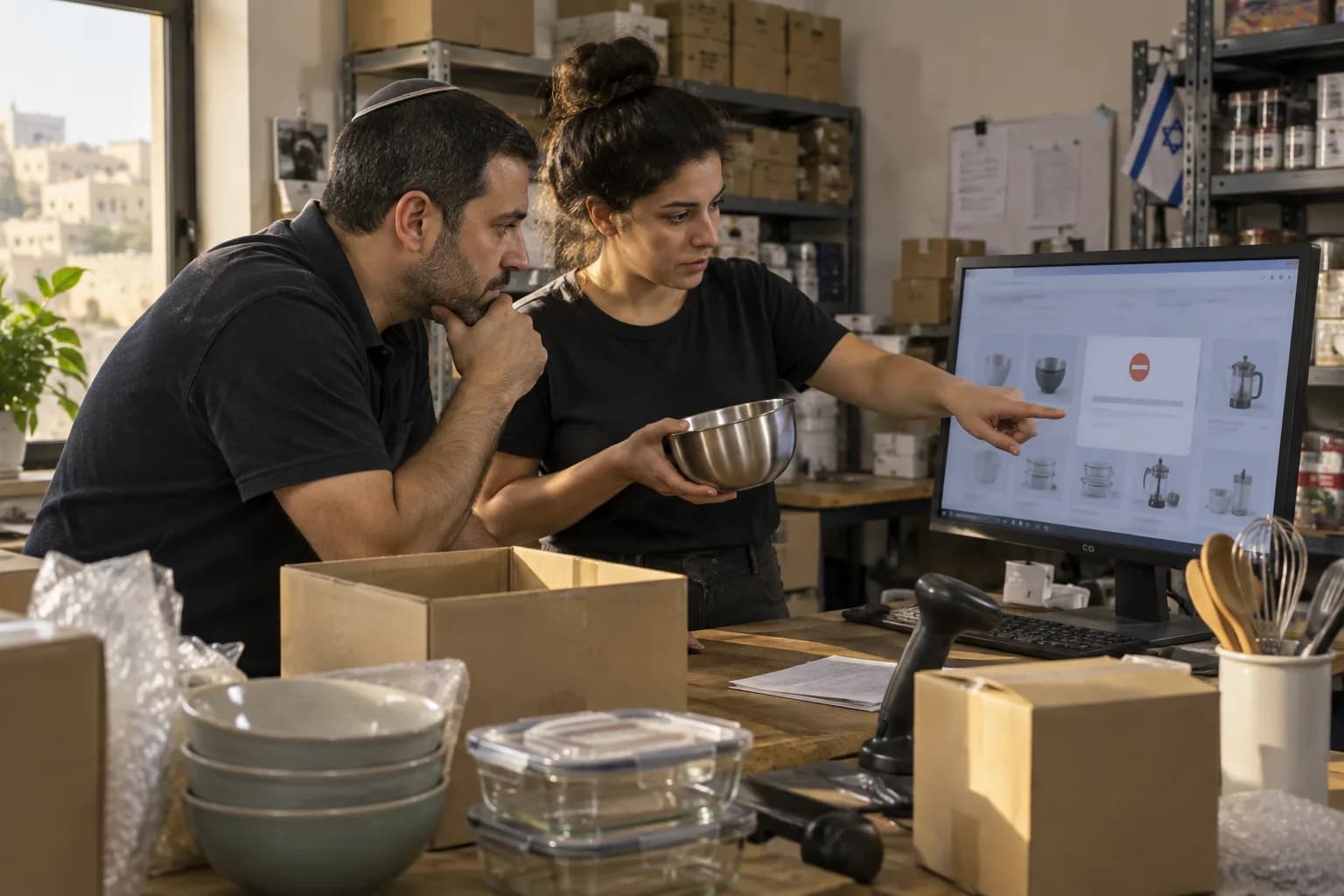 מנהל חנות מקוונת ועובדת תפעול בוחנים מסך מסחר ליד עמדת אריזה ומדפי מלאי