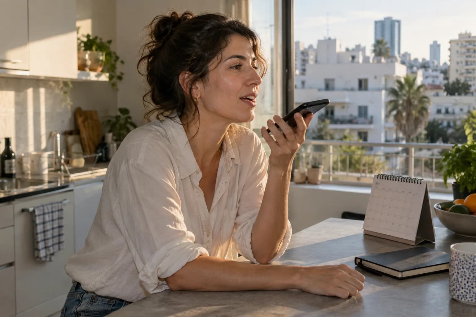 משתמש מדבר אל טלפון חכם במטבח דירה בתל אביב, כשבנייני העיר נראים בחלון
