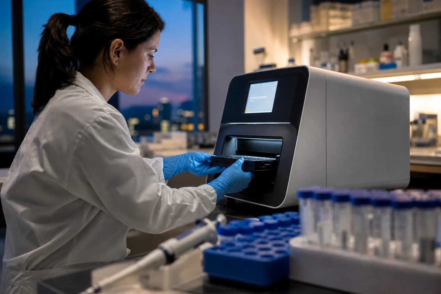 חוקרת מעבדה טוענת דגימות למכשיר ריצוף DNA שולחני במעבדת גנומיקה