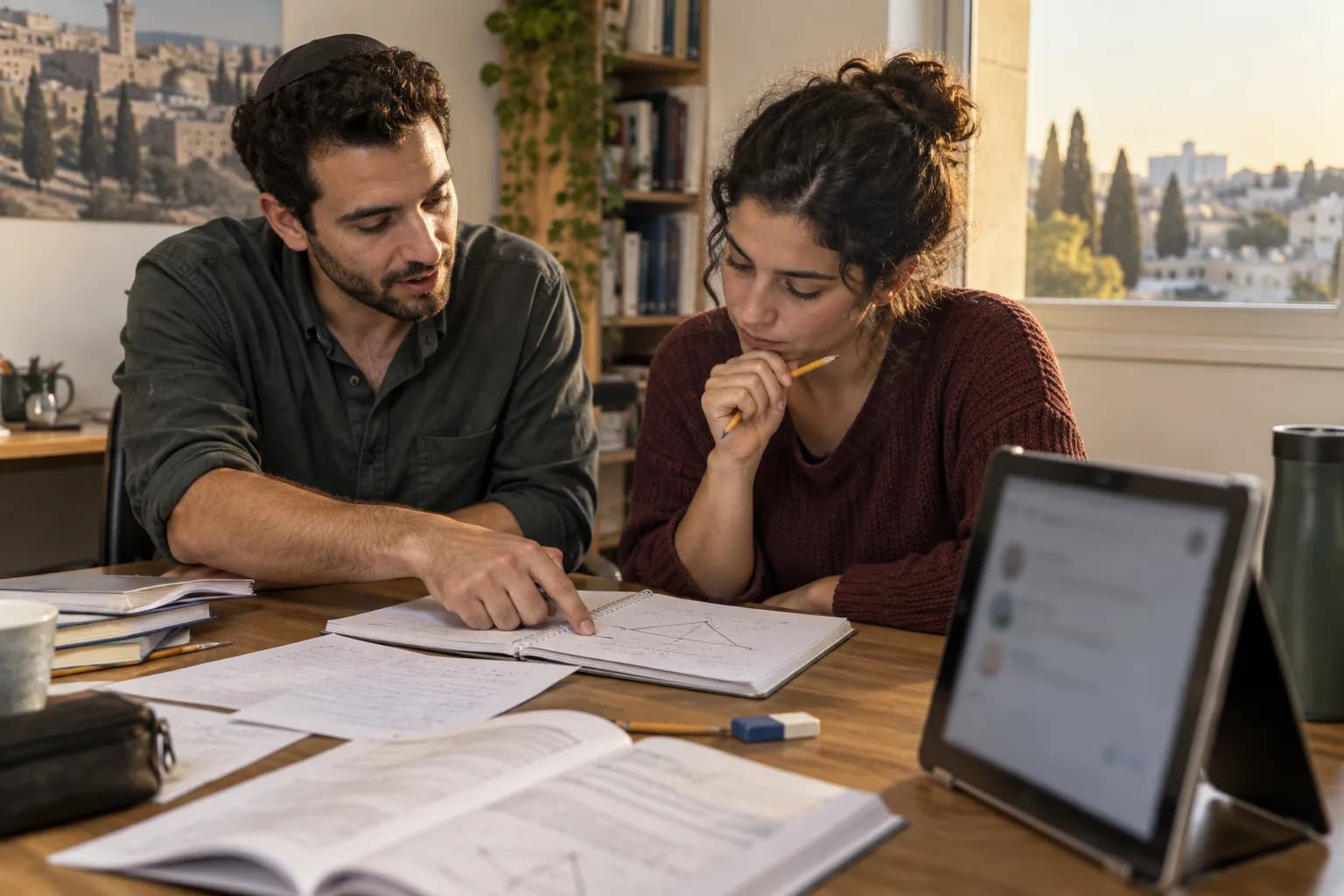 סטודנט מתרגל בעיית חשיבה כמותית לצד מורה פרטי, כשעל השולחן טאבלט ומחברת