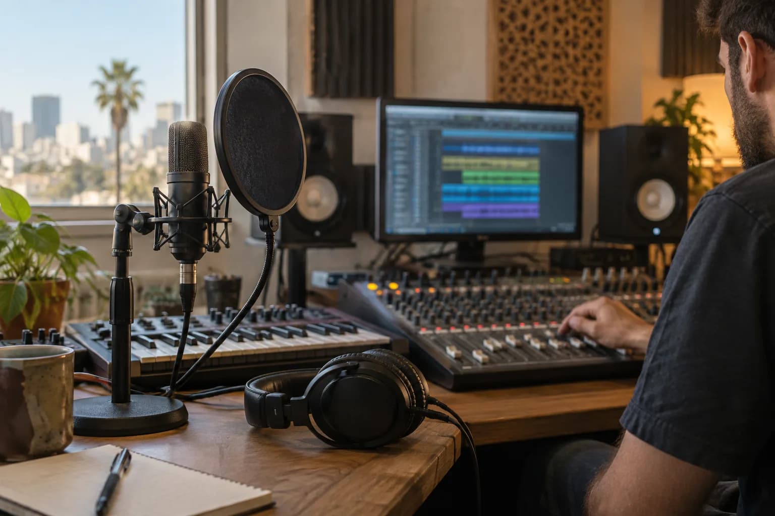 מיקרופון, אוזניות וציוד מיקס באולפן קטן בתל אביב, לצד יד המכוונת עוצמת שמע