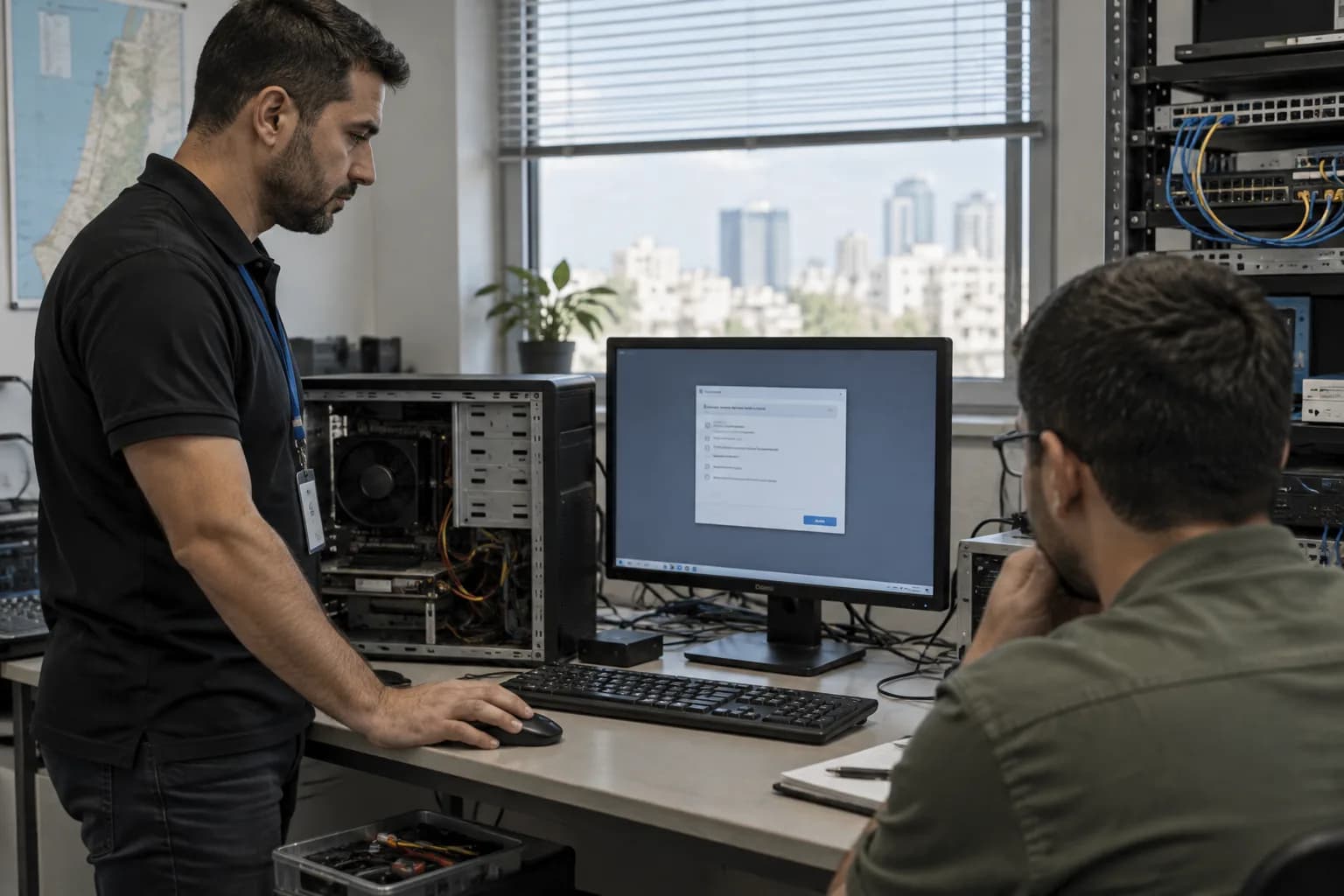 אנשי אבטחת מידע בוחנים הרשאות פעולה בעמדת מחשב ארגונית בחדר ציוד