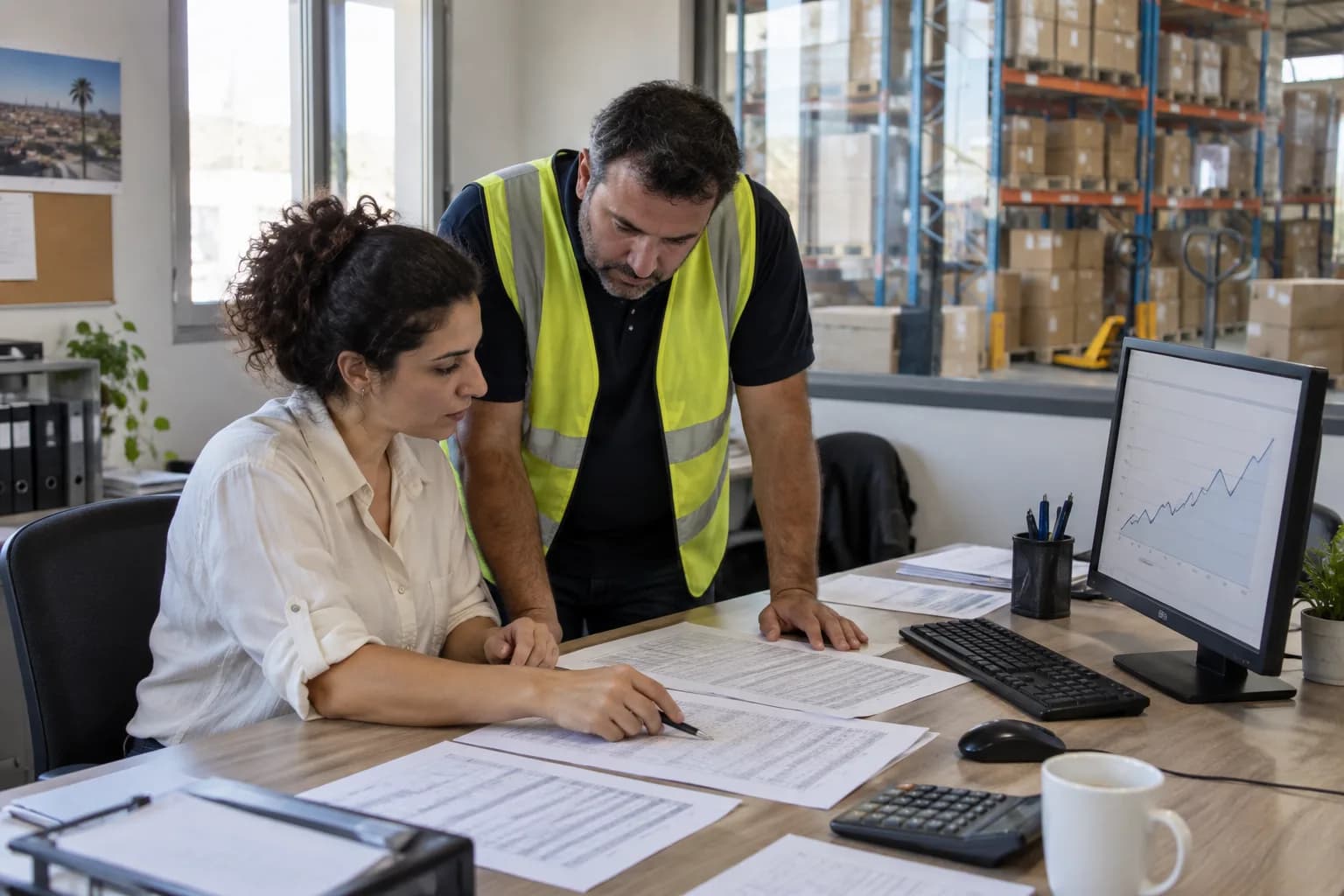אנליסטית ומנהל מחסן בוחנים טבלאות מלאי וגרף תחזית במשרד של מפיץ ישראלי