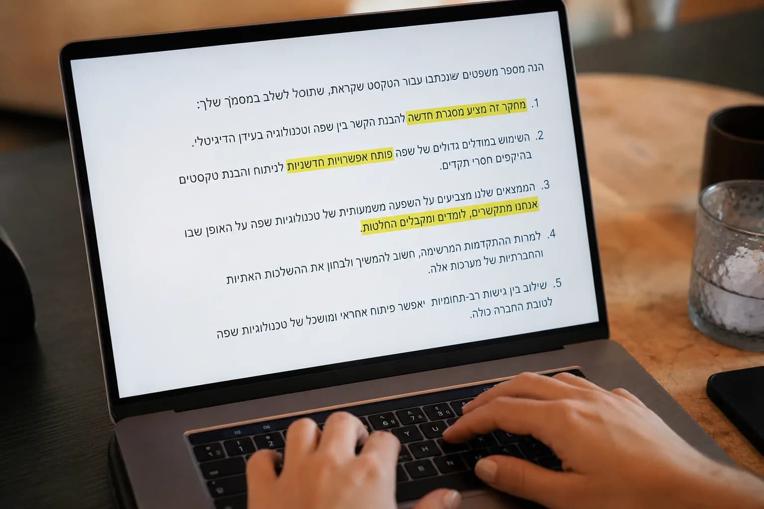 מסך מחשב נייד עם טקסט עברי שנוצר על ידי מודל שפה ומשפטים מסומנים בצהוב