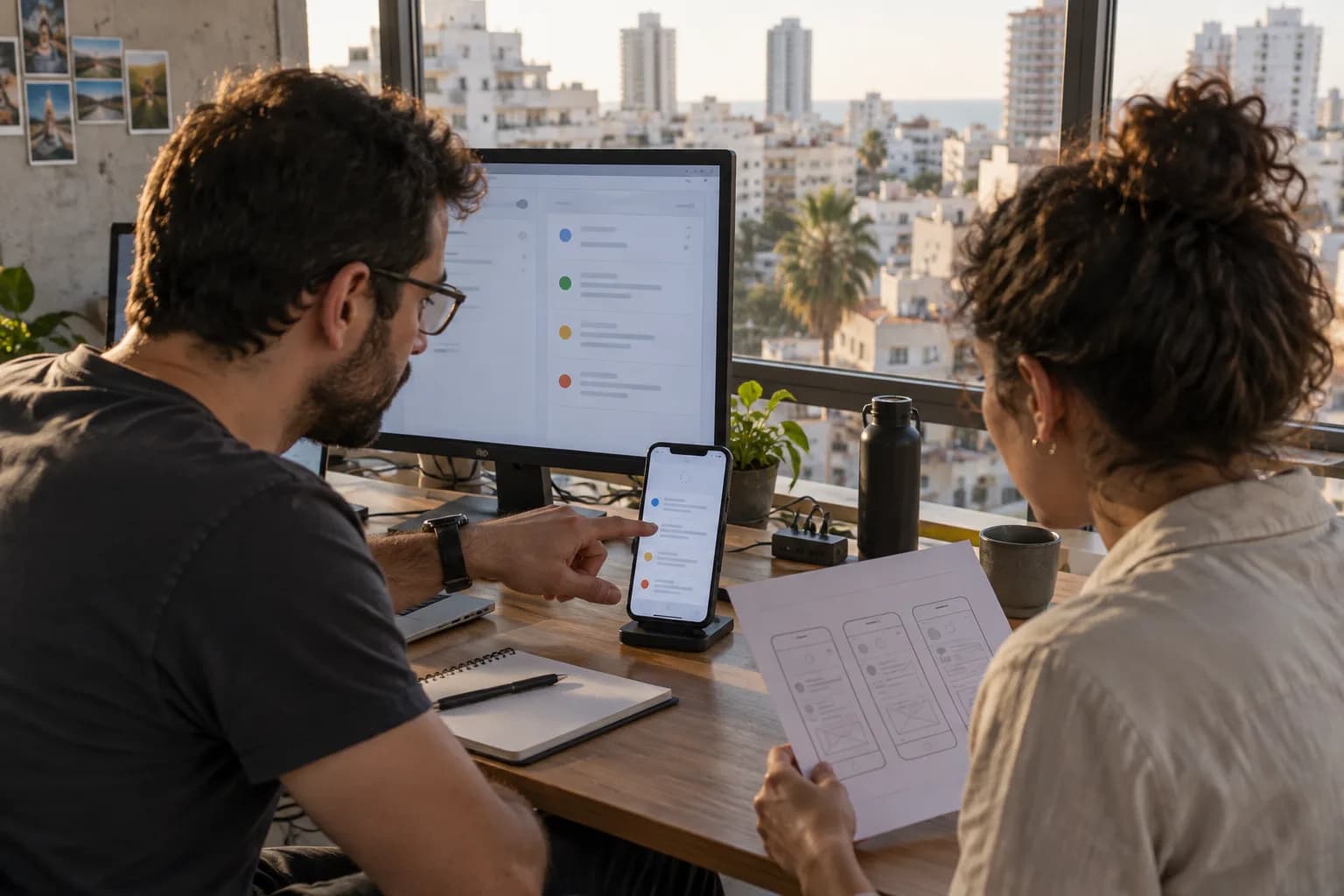 שני מפתחים במשרד בתל אביב בודקים מסך הזמנות בטלפון לצד תרשים ממשק על נייר