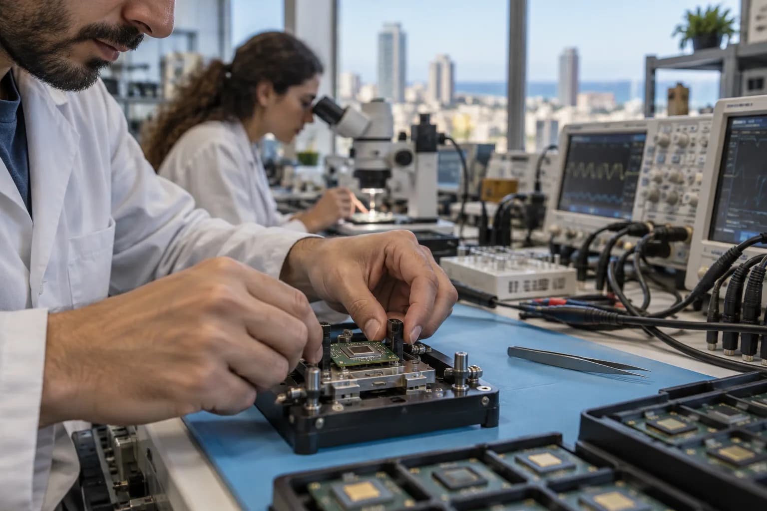 סצנת המחשה של מהנדסים המחברים לוח בדיקת שבבים לציוד מדידה במעבדת חומרה בישראל