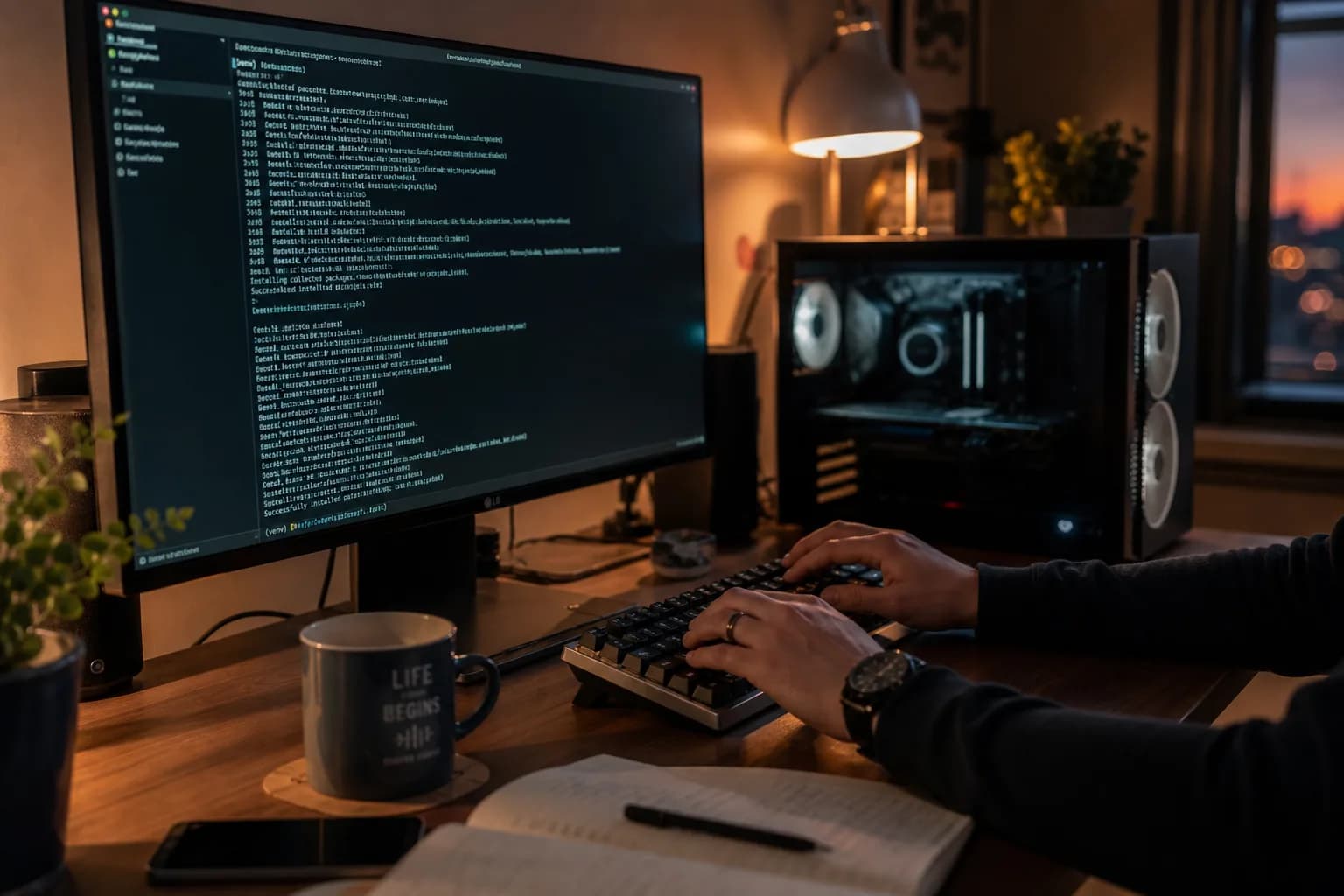 מפתח עובד מול מסך טרמינל במשרד ביתי לצד מחשב נייח, מריץ מודל שפה מקומי
