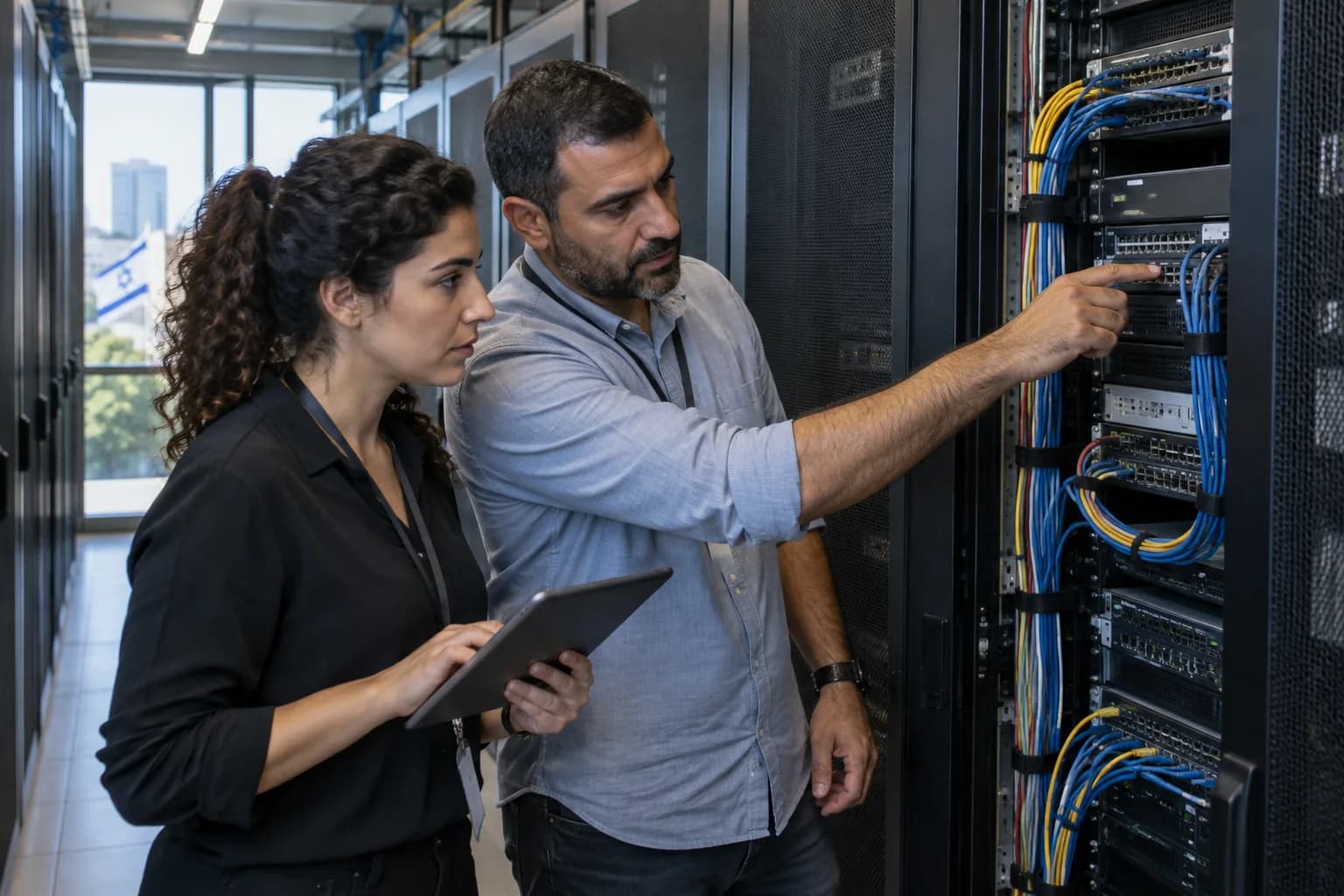 אנשי אבטחה ותשתיות בוחנים חיבורי רשת בארון שרתים בחדר מחשוב ארגוני