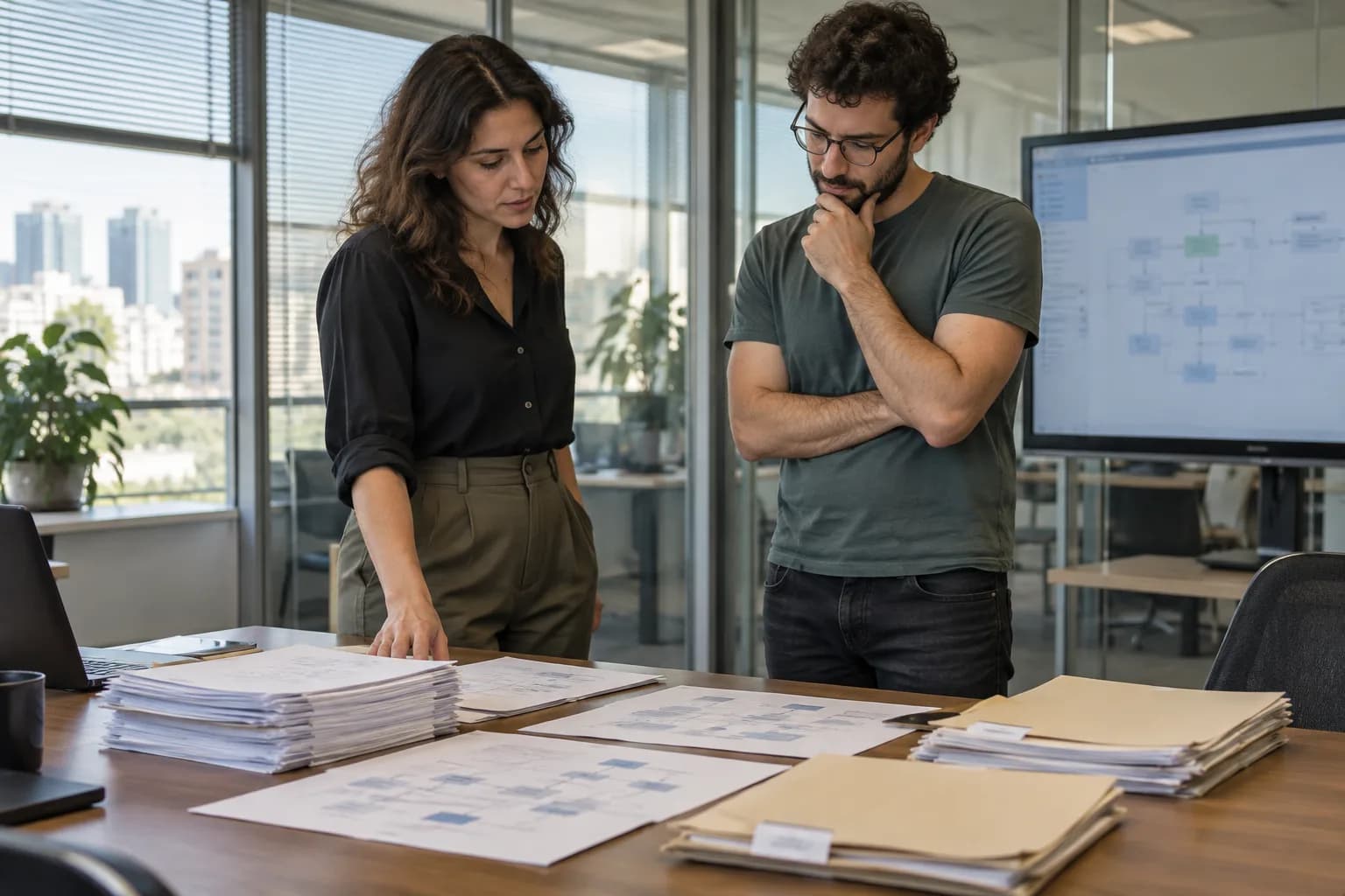 מנהלת מוצר ומפתח משווים מסמכי תהליכים בחדר ישיבות של חברת טכנולוגיה, להמחשת ארגון הידע לסוכני AI