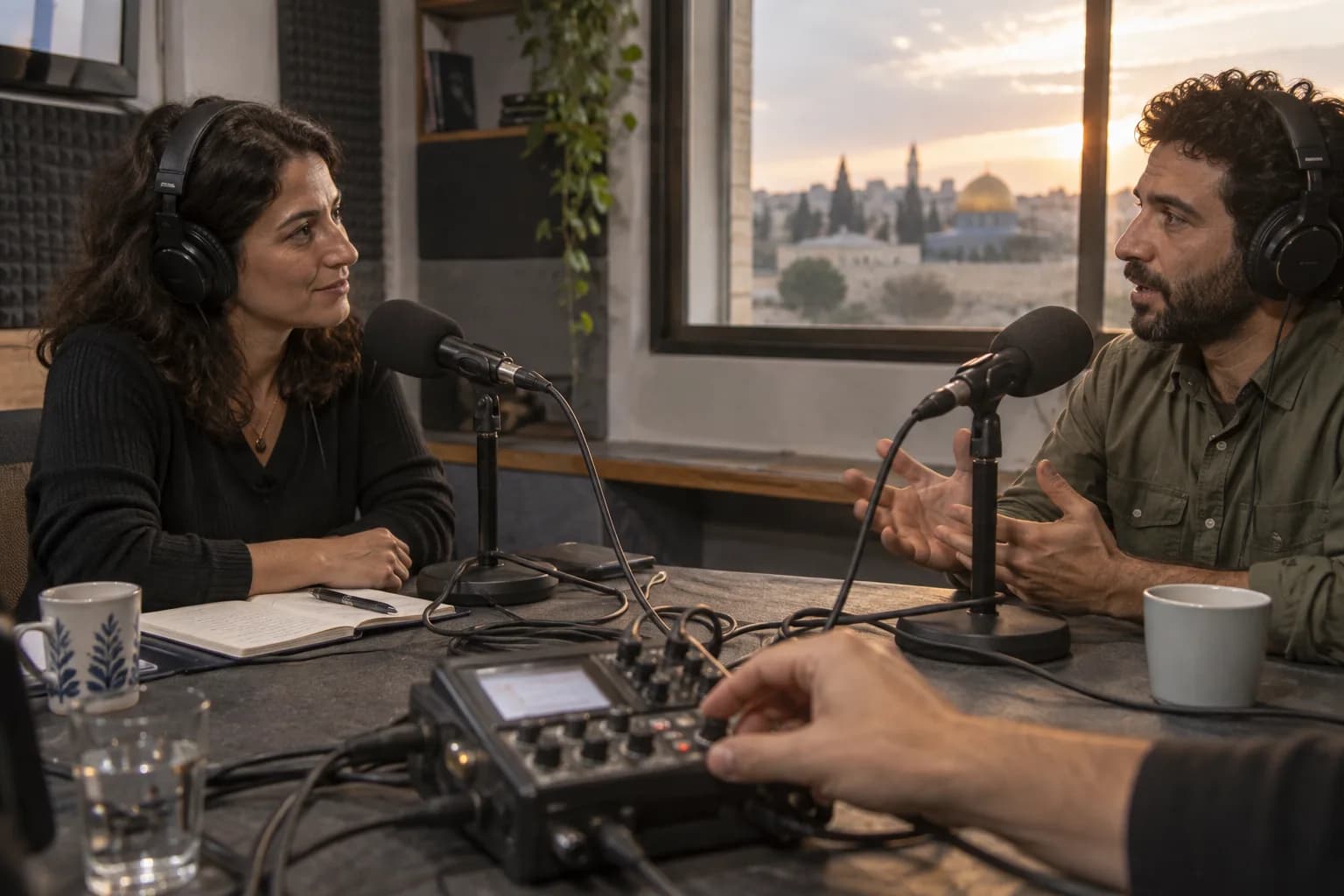 שני משתתפים מקליטים ריאיון באולפן קטן, עם מיקרופונים נפרדים ומכשיר הקלטה על השולחן.