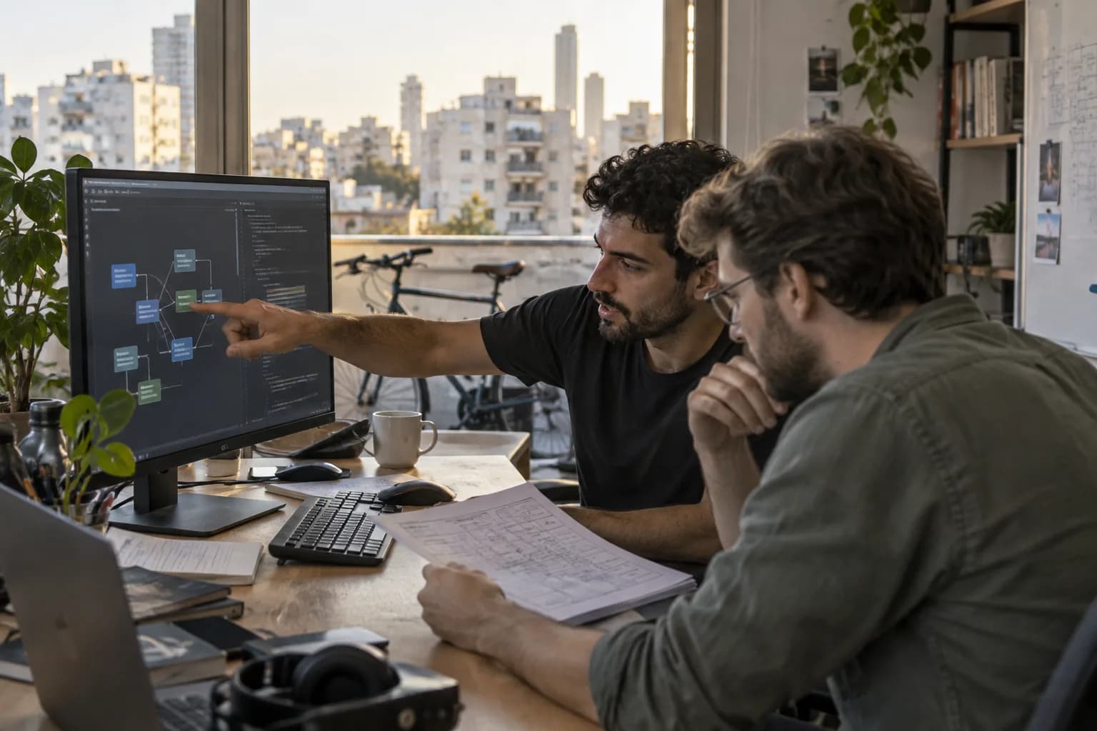 שני מפתחים במשרד בתל אביב בוחנים תרשים רכיבי תוכנה לצד קוד על מסך גדול