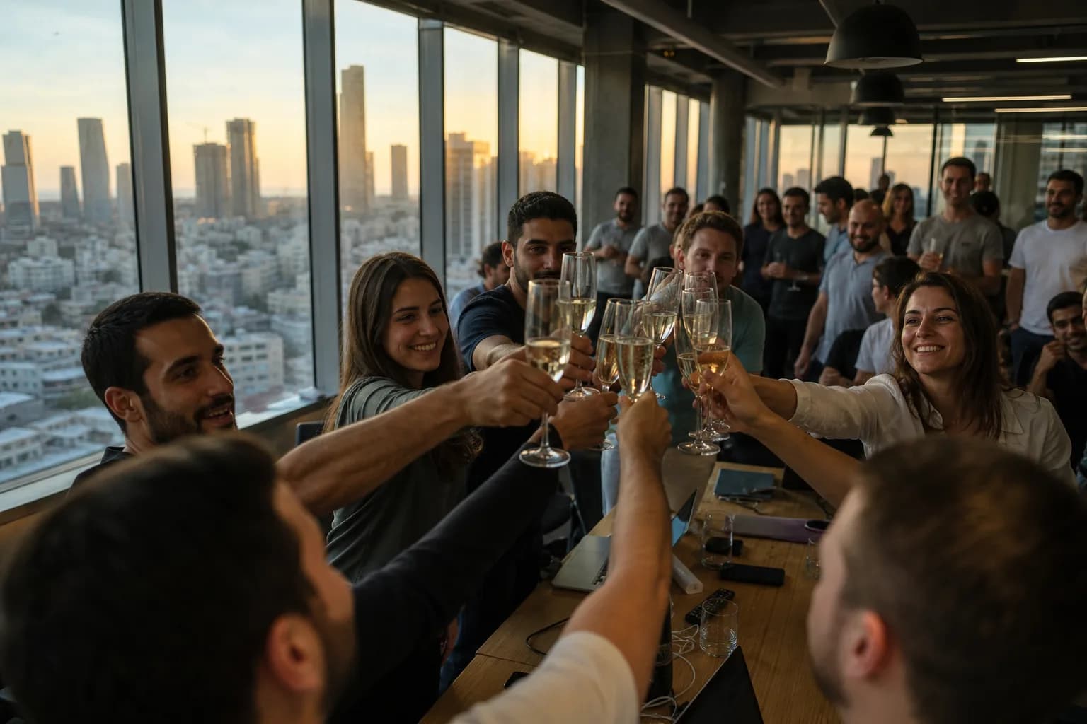 עובדי סטארטאפ חוגגים סביב שולחן ארוך במשרד מגדל בתל אביב על רקע קו הרקיע בשעת שקיעה