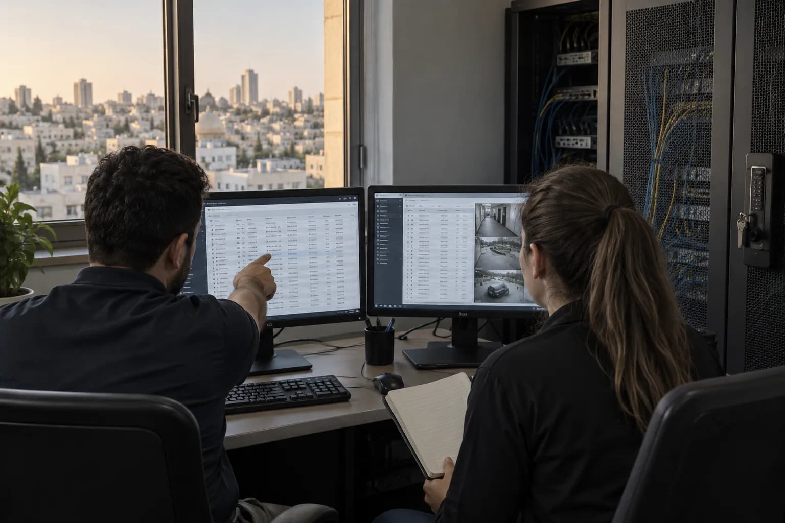 שני אנשי אבטחת מידע בוחנים הרשאות ויומני פעילות בחדר תפעול של חברה בישראל