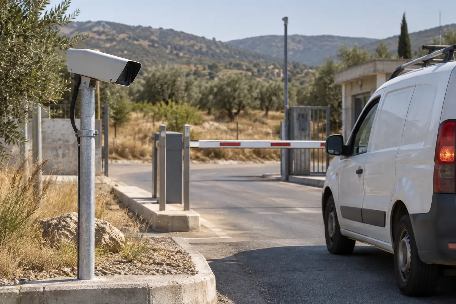 מצלמה לצד שער כניסה למתחם שירות ברקע גבעות בצפון, ורכב מסחרי המתקרב למחסום; המחשה